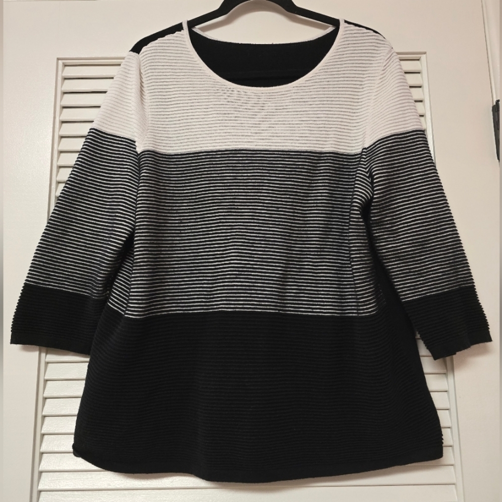 Chico's - (Plus-Size) Black & White Striped Ribbed Top